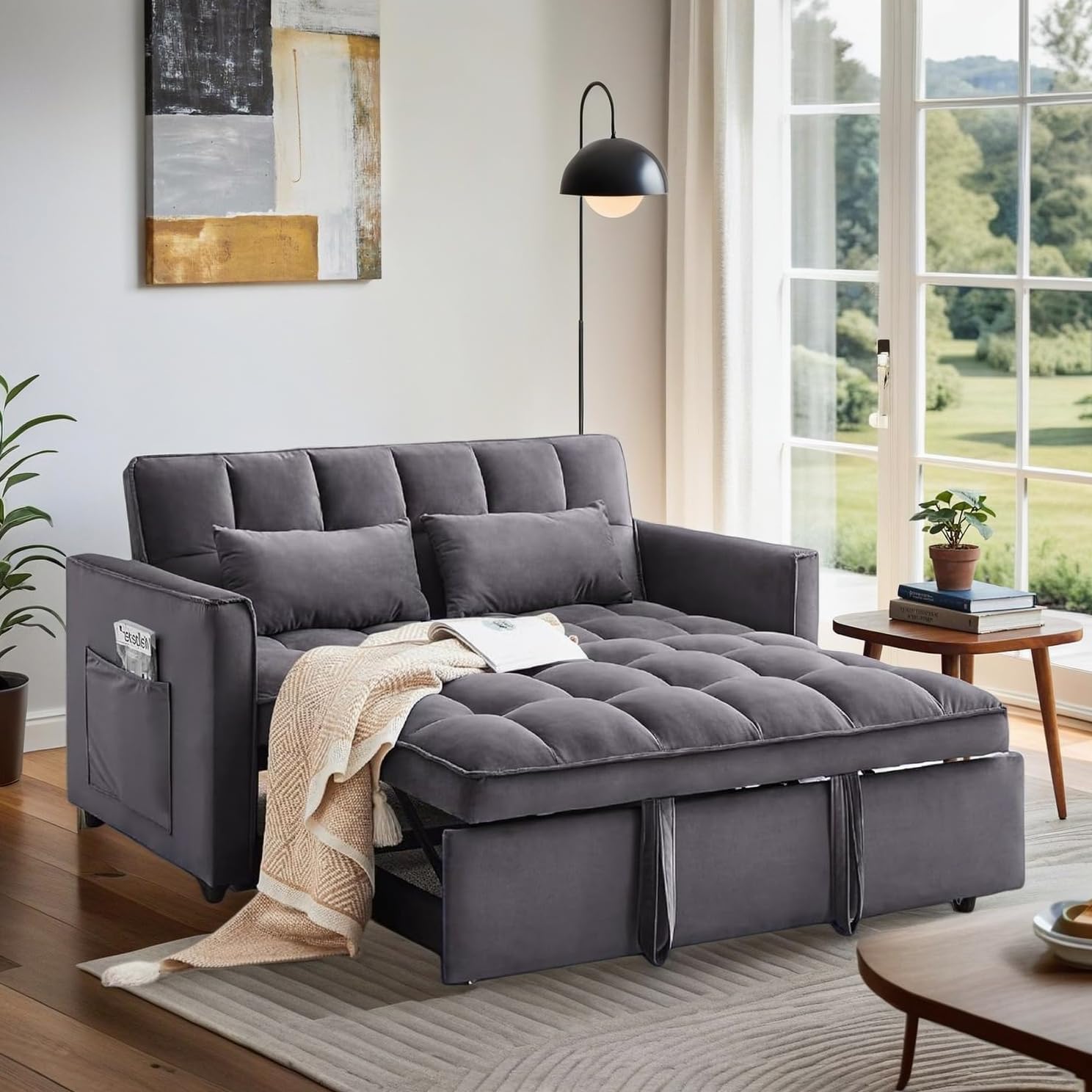 Trygoal Convertible Sofa Bed, Pull Out Couch with Side Pockets, 3 in 1 Velvet Fabric Loveseat Sleeper Sofa Bed, Pull Out Couch with Adjustable Backrest for Living Room, Bedroom, Apartment, Dark Gray