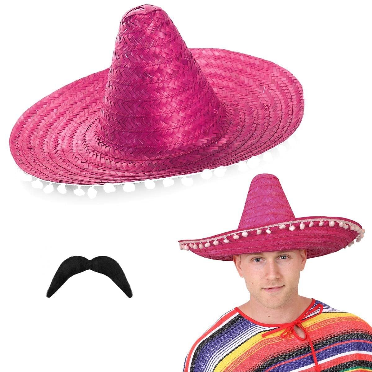 I LOVE FANCY DRESS Sombrero Accessory Set - Pack of 48 - Pink With White Pom Poms and Mexican Moustache - for Fiestas and Parties - Unisex