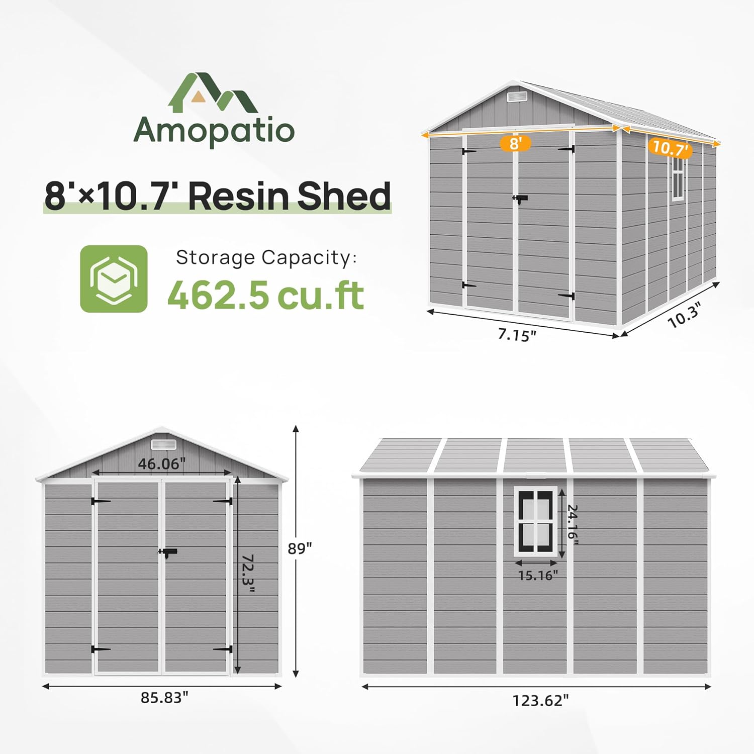 Amopatio Outdoor Storage Shed with Floor, 8x10 FT Lockable Plastic Tool Shed with Ventilation, Waterproof Resin Garden Sheds for Backyard, Patio, Lawn and Bike Grey
