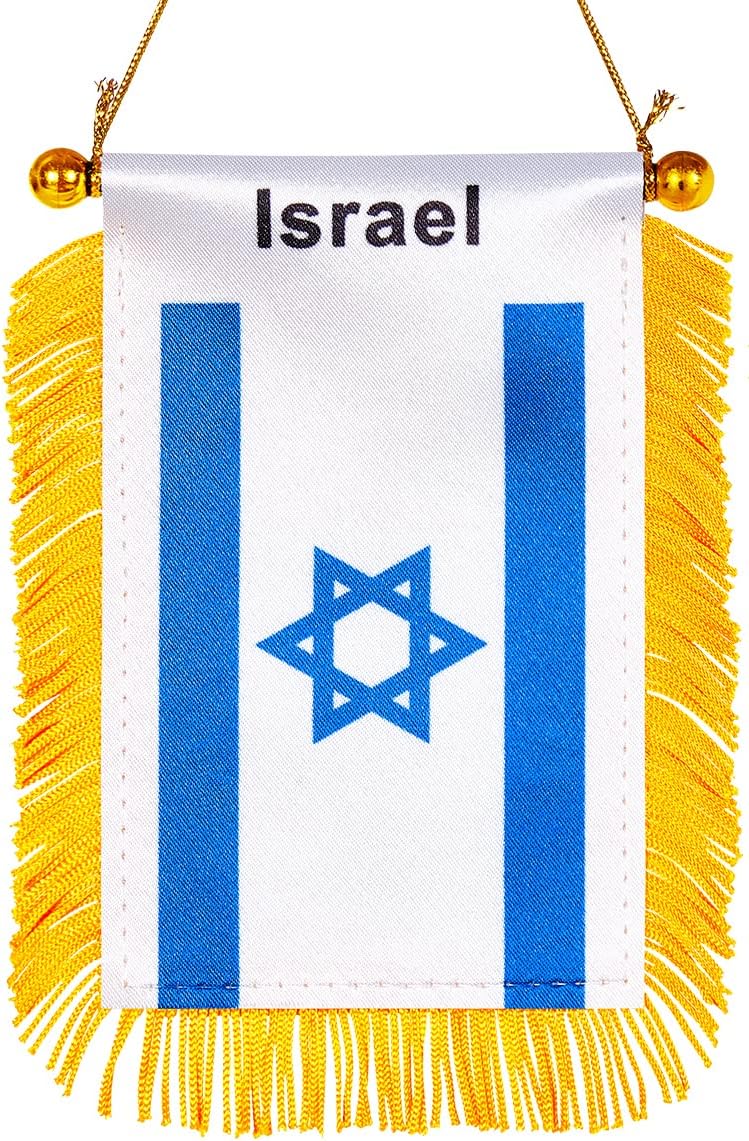 WXTWK 3 X 5 Inch Israel Flag israeli Window Hanging Flag Small Mini Car Flags Banners Rearview Mirror Decoration With Suction Cup Golden Fringy Banner