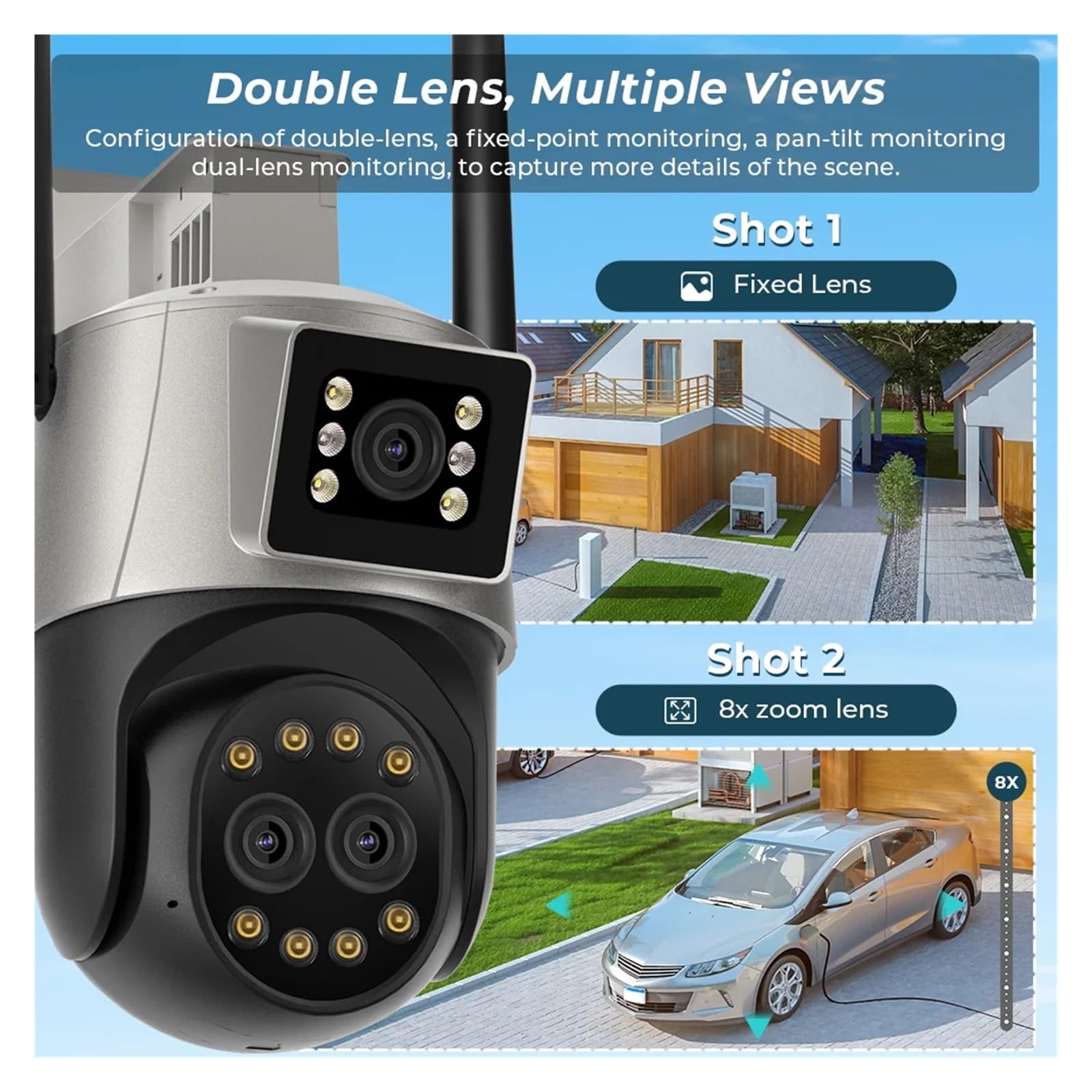 Caméra De Surveillance Extérieure PTZ 8MP, 3 Objectifs, Zoom Numérique 8X, Double Écran, IP 4K