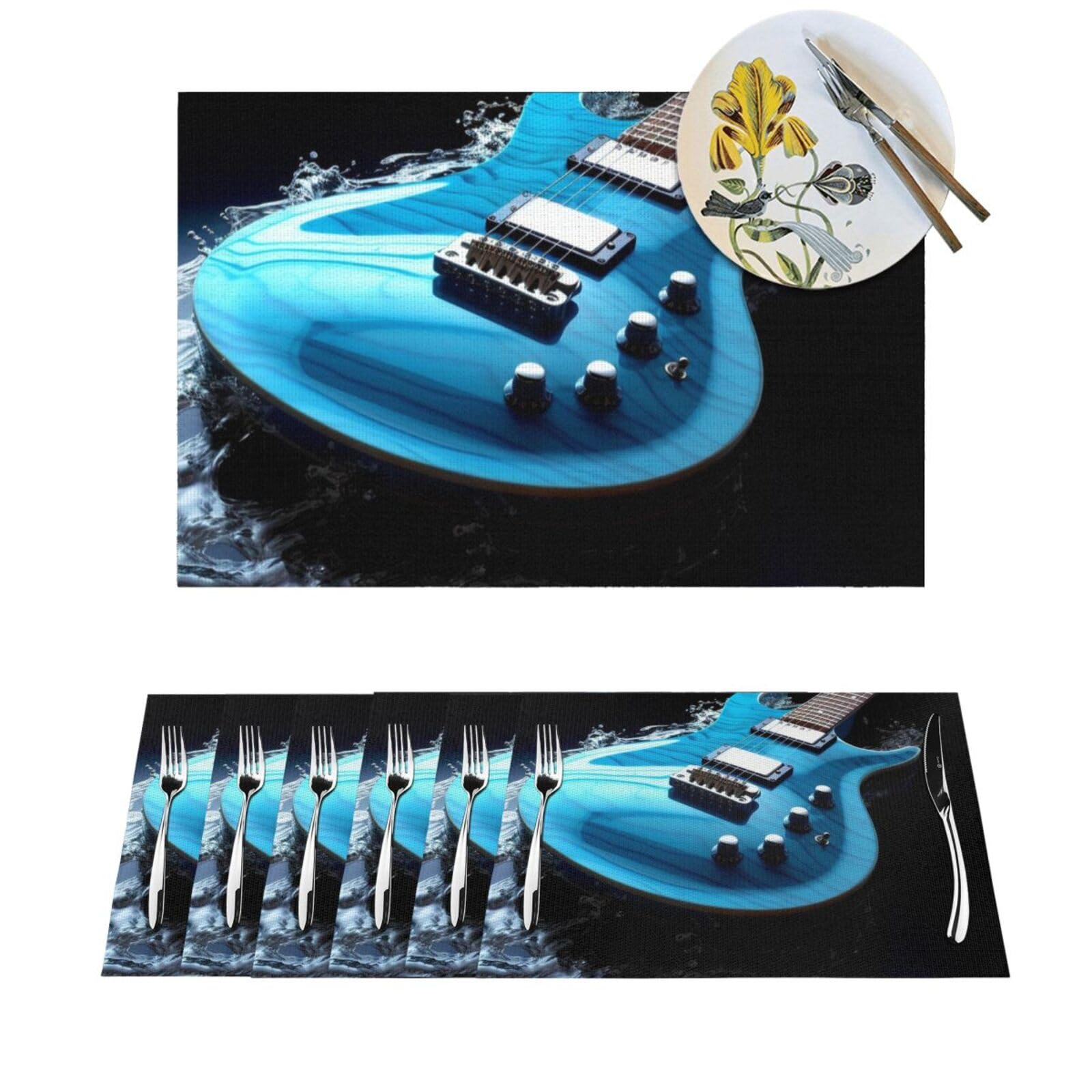 Sets de table en PVC motif guitare bleue (lot de 6) anti-dérapants pour l'intérieur et l'extérieur