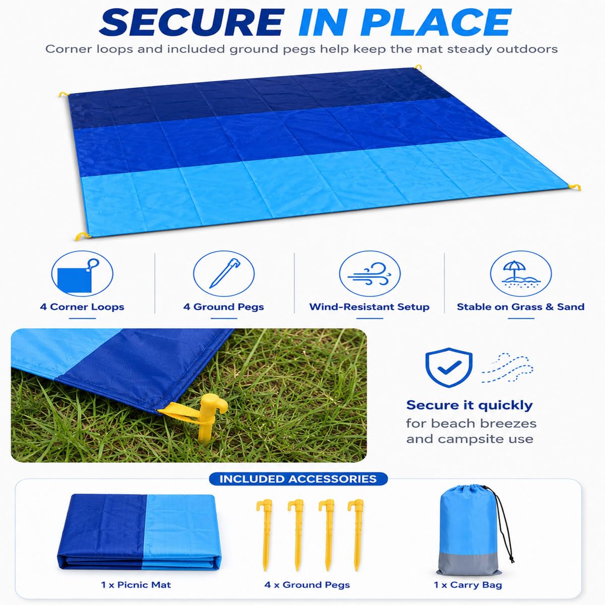 Grande Couverture De Plage Imperméable 200 X 210 Cm, Tapis De Pique-nique | Grand Tapis De Pique-nique Imperméable Et Résistant Au Sable Avec 4 Piquets De Sol, Sac De Transport Compact Et Surface Facil