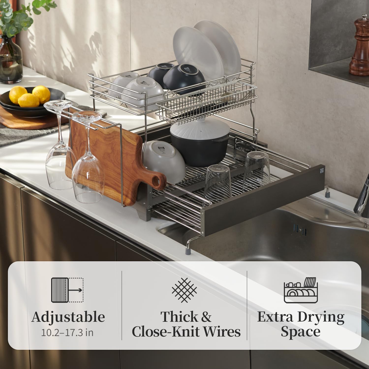 INEX Edge Noble Dish Rack (Titanium Gold, 13.6" H x 20.5" W x 13.4–21.6" D)