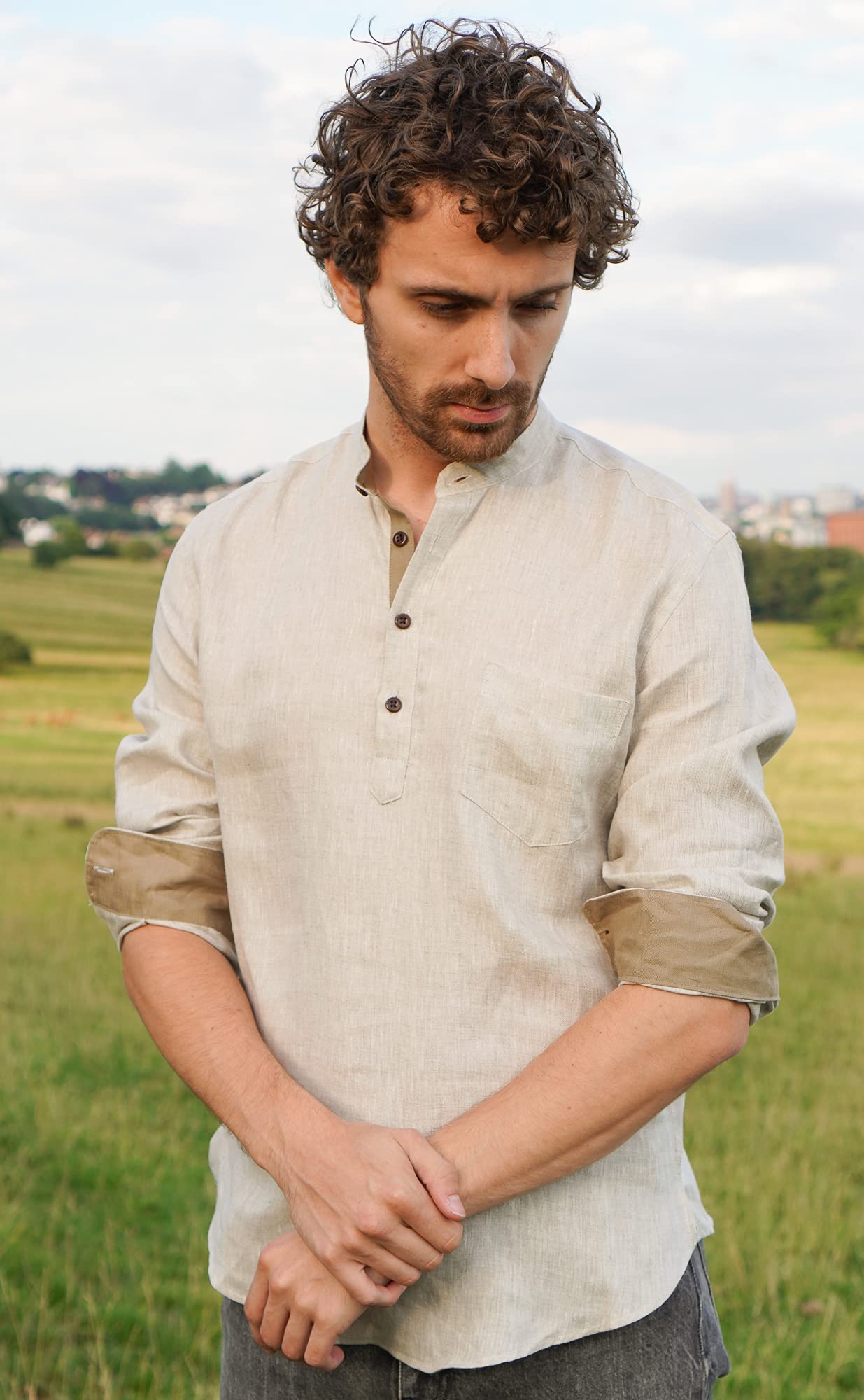 Borges & Scott - Camisa 100% lino irlandés Grandad Henley - Manga larga, marrón claro, M