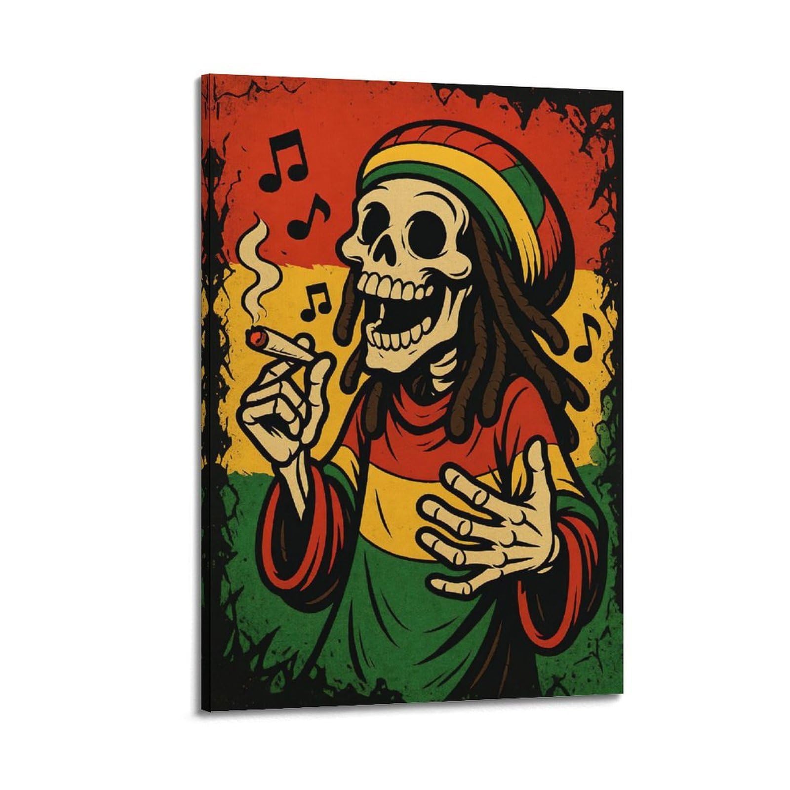ZlXXYZ Poster artistico da parete su tela, per soggiorno, motivo: teschio reggae, musica decorativa, 40 x 60 cm, stile cornice