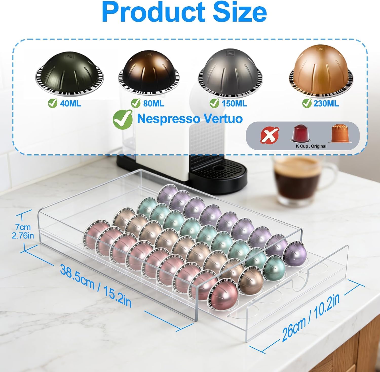 Cajón de Almacenamiento Transparente para Cápsulas de Café Nespresso Vertuo, Soporte para Cápsulas con Cajón Deslizante, Acrílico para Máquina de Café