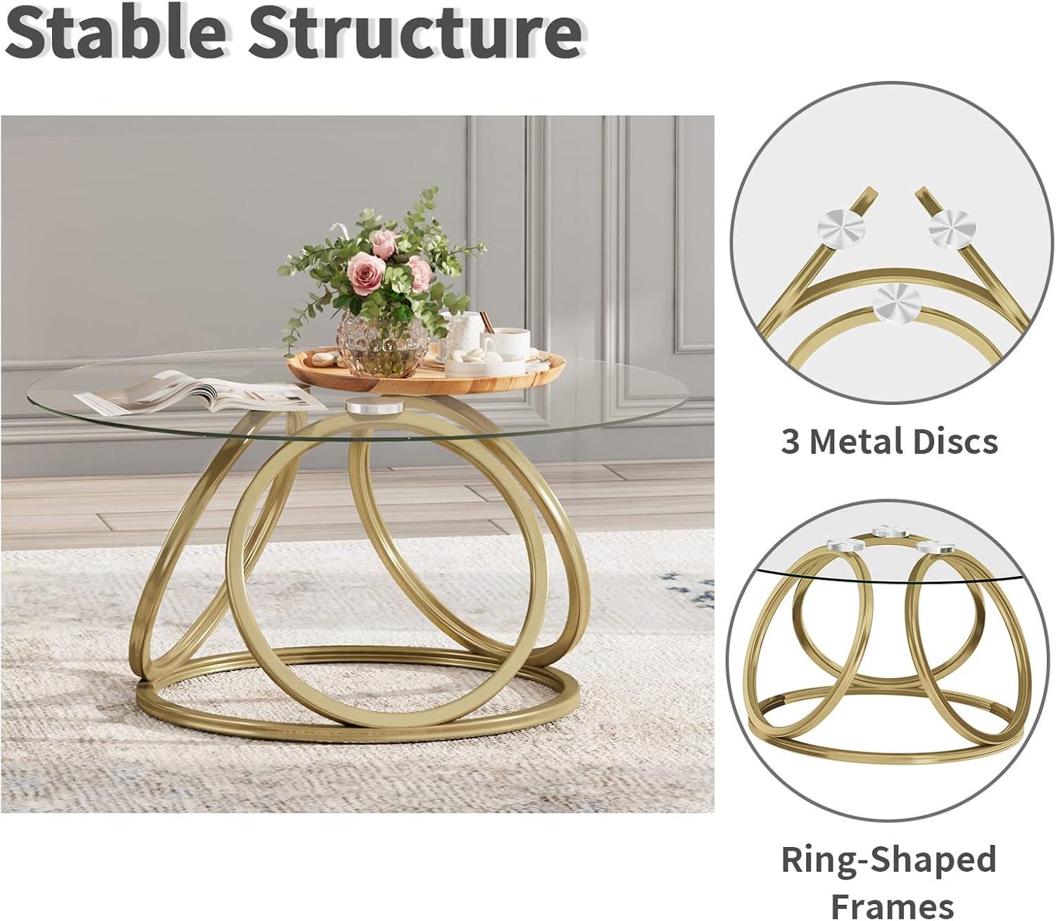 O&K FURNITURE Gold Coffee Table, Modern Round Glass Coffee Table for Living Room with Ring-Shaped Frames, Gold Glass Table for Home&Office,Gold Finish, 1PC