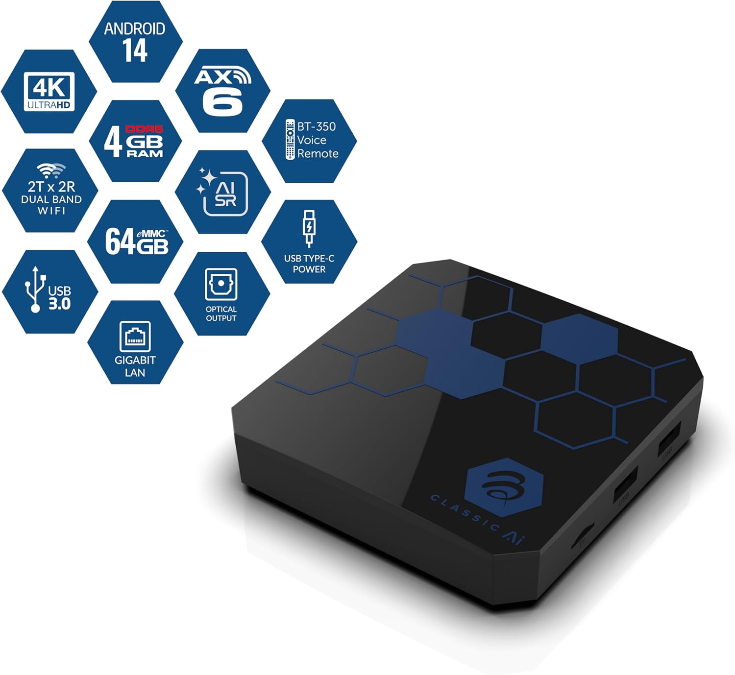 BuzzTV Classic AI 6th Generation Set Top Box, Android 14 TV, 4GB DDR5 RAM, 64GB Storage, AI-SR 2, Gigabit Ethernet, Wireless AX & Voice Remote