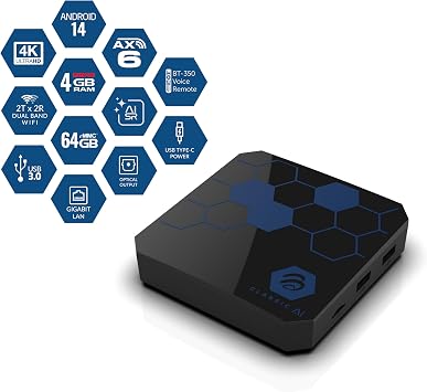 BuzzTV Classic AI 6th Generation Set Top Box, Android 14 TV, 4GB DDR5 RAM, 64GB Storage, AI-SR 2, Gigabit Ethernet, Wireless AX & Voice Remote