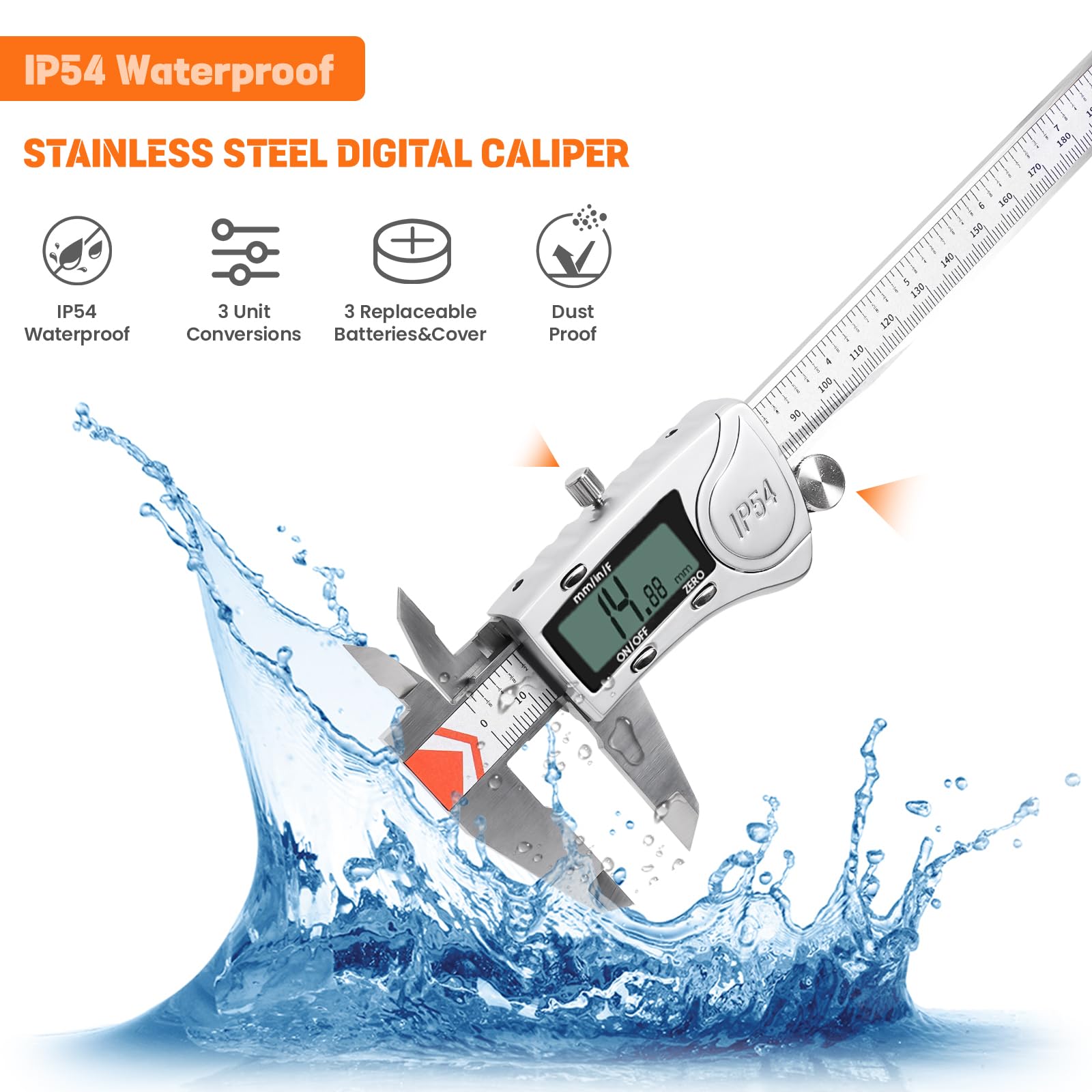 HARDELL Calibrador digital de 8 pulgadas, calibradores IP54 resistentes con 3 baterías y cubierta adicional, micrómetro digital de acero inoxidable, calibrador Vernier, pulgadas/mm/fracción, apagado
