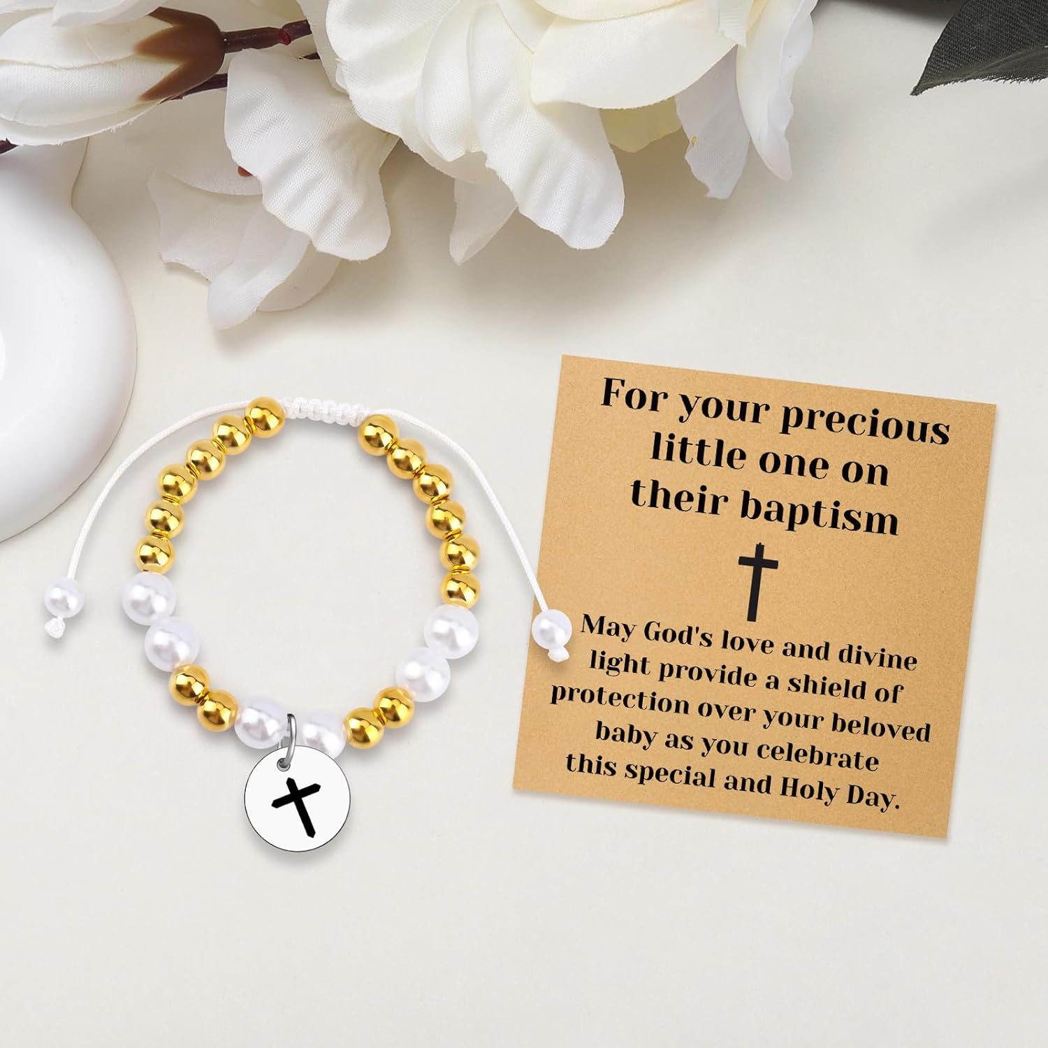 Mwphuy Christian Baptism Gifts for Women Friend Religious Bracelet Jewelry Baptism Communion Confirmation Gifts for Women Daughter Granddaughter Beaded Bracelet Christmas Birthday Gift - Image 5