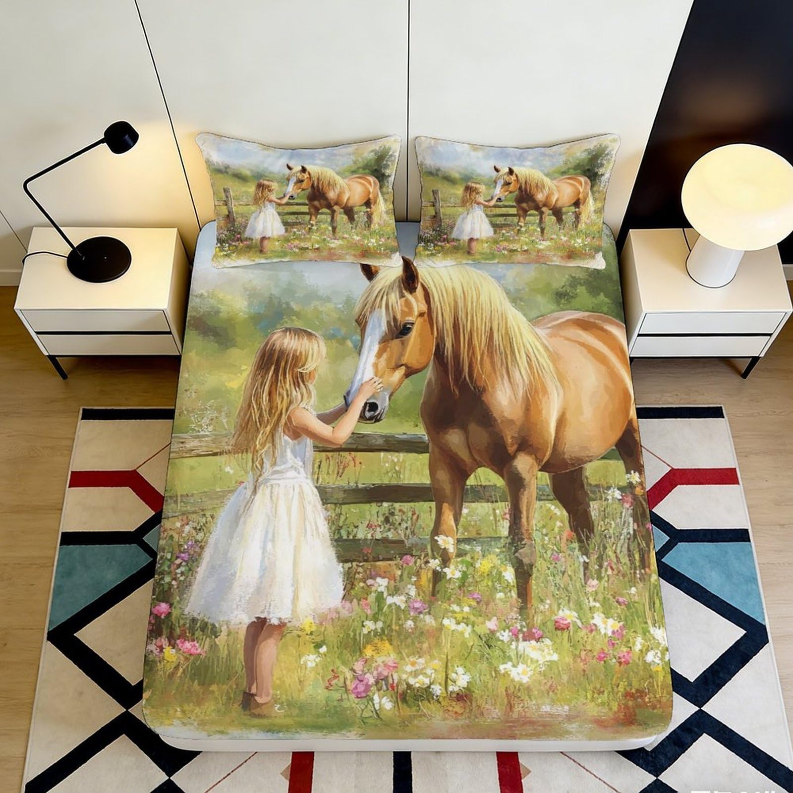 3D Printed Pastoral Girl Horse Fitted Sheet Microfiber Deep Pocket Non-Slip Pastoral Girl Horse Mattress Fitted Cover Washable 160x200x25cm