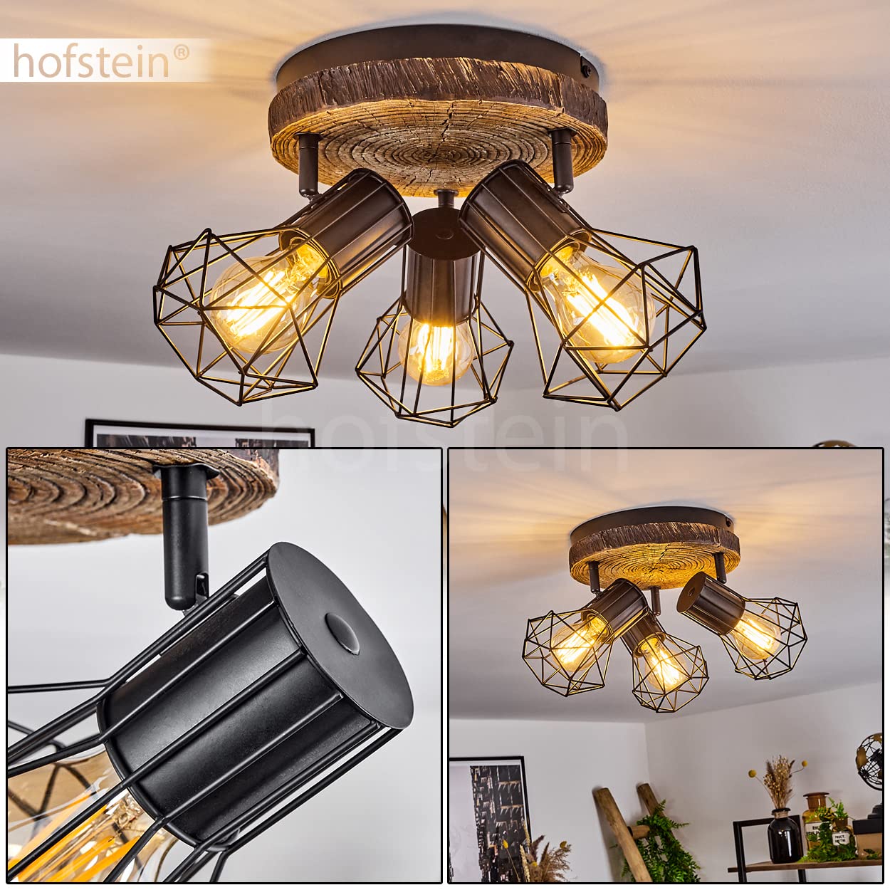 Lampa sufitowa Bardhaman, lampa sufitowa z metalu w optyce czarnej/drewna, spot w stylu retro/vintage z regulowanymi kloszami w optyce kraty z efektem świetlnym, 3 żarówki, gniazdo E27, bez żarówek