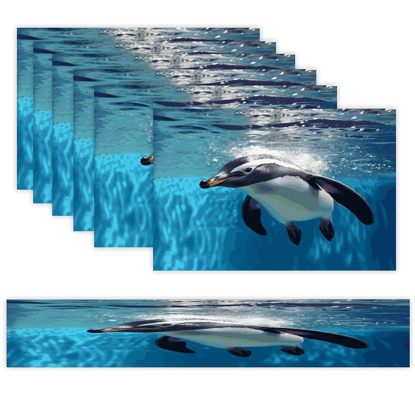 Swimming Penguin Table Runner and Placemats Set of 6 Wipe Clean Heat Resistant Table Mat with Table Runner Decorations Flax Linen Place Mat Set for Home Kitchen Party Supplies