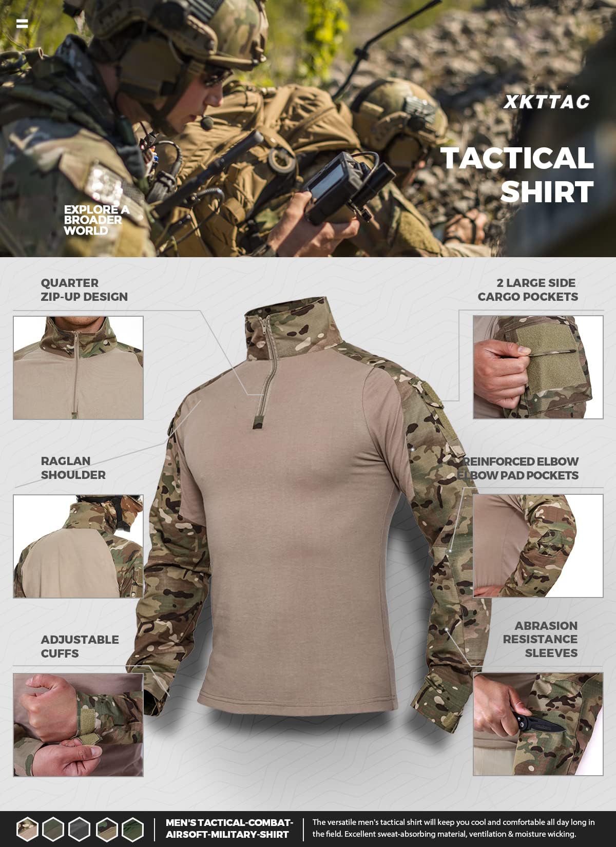 XKTTAC Chemise tactique, chemise militaire à manches longues pour Homme