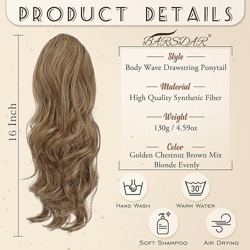 Miniatura 2 de BARSDAR Cola de caballo corta ondulada con cordón, extensiones de cabello sintético de 16 pulgadas con clip, mezcla de marrón ceniza