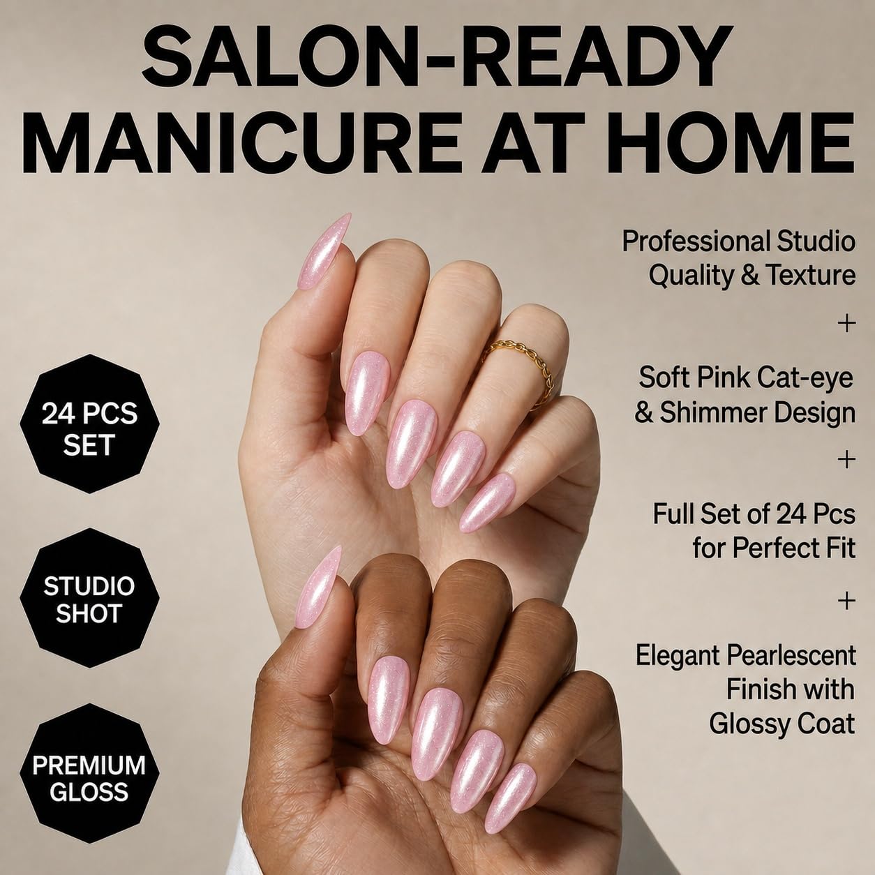 Pearly Pink Press On Nails, Medium Almond Fake Nails, 24 Pcs image 3