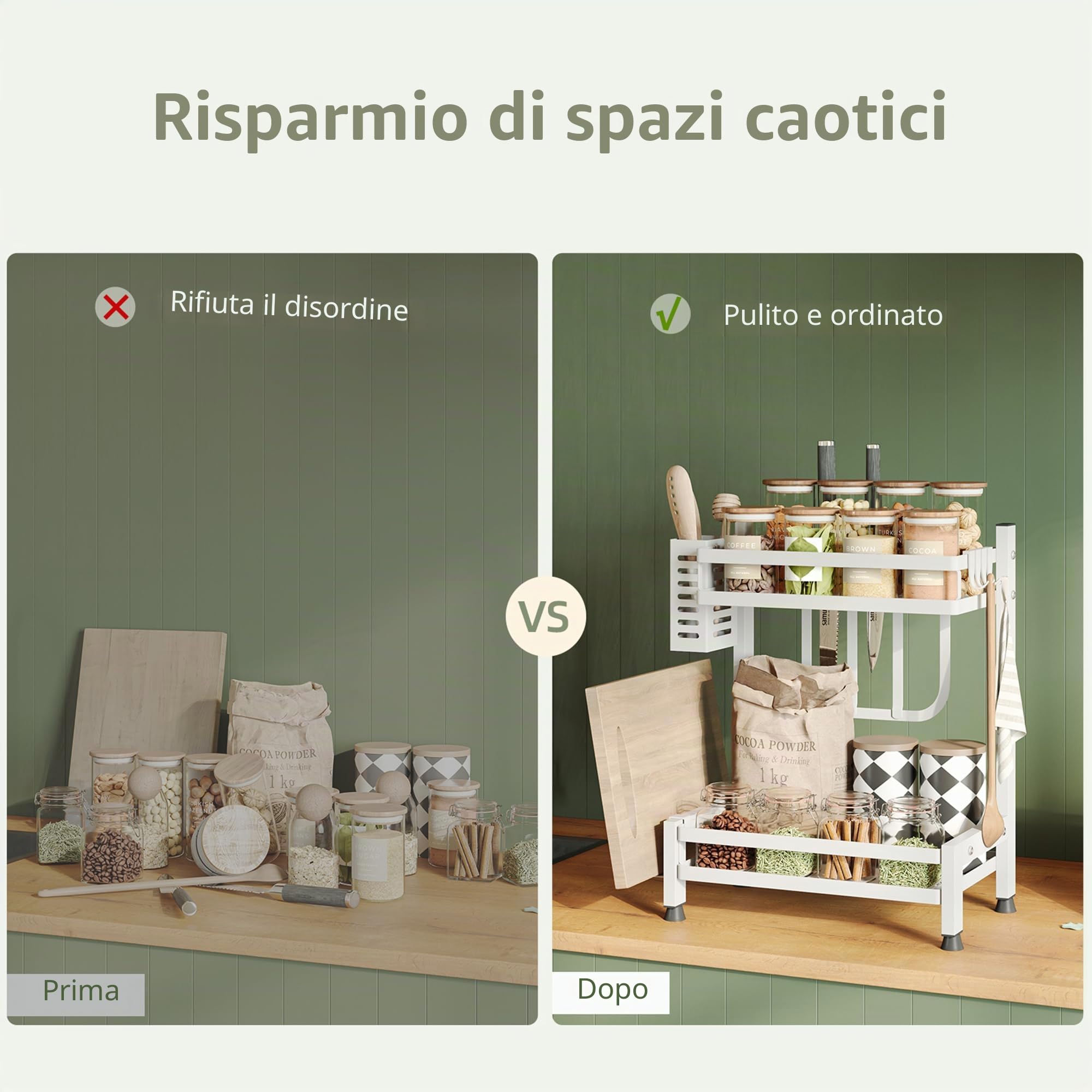 NETEL Supporto Porta Spezie da Appoggio a 2 Livelli, Antiruggine Mensola Portaspezie Ripiani Salvaspazio Organizer per Cucina con Ganci, 32.5 * 20 * 40cm, Bianco