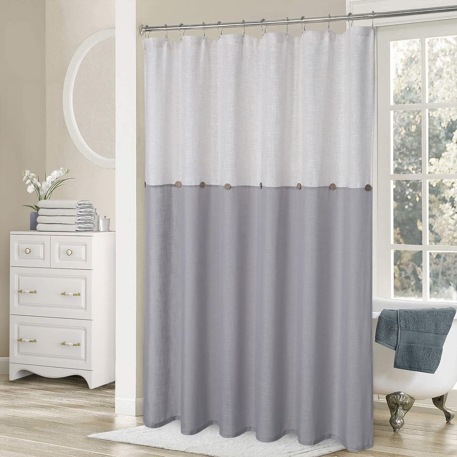 Stall Button Shower Curtain, Water Resistant Rustic Color Block Fabric Shower Curtain for Bathroom, Farmhouse Linen Blend Shower Curtains for Bathroom Showers and Bathtubs, 35W x 72L, Grey 35Wx72H Grey/White
