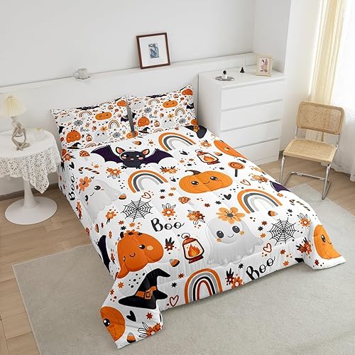 Miniatura 2 de Erosebridal Juego de ropa de cama con diseño de arco iris, decoración de calabaza de Halloween, gótico, murciélagos de Halloween para niños, lindo