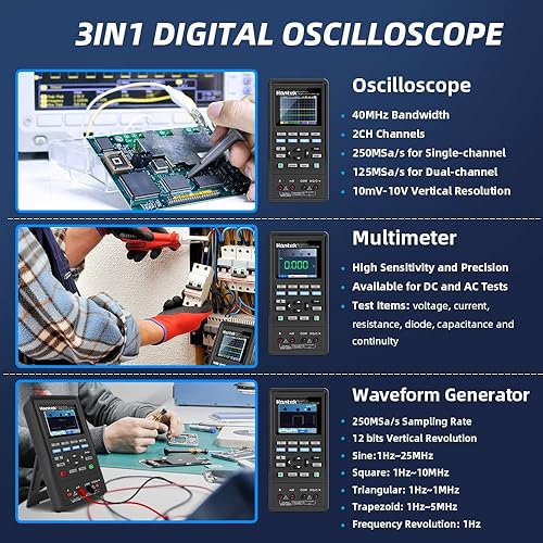 Miniatura 2 de Hantek Osciloscopio de mano 3 en 1, osciloscopio digital automático de 40 MHz 2 canales, multímetro, generador de forma de onda con pantalla LCD a
