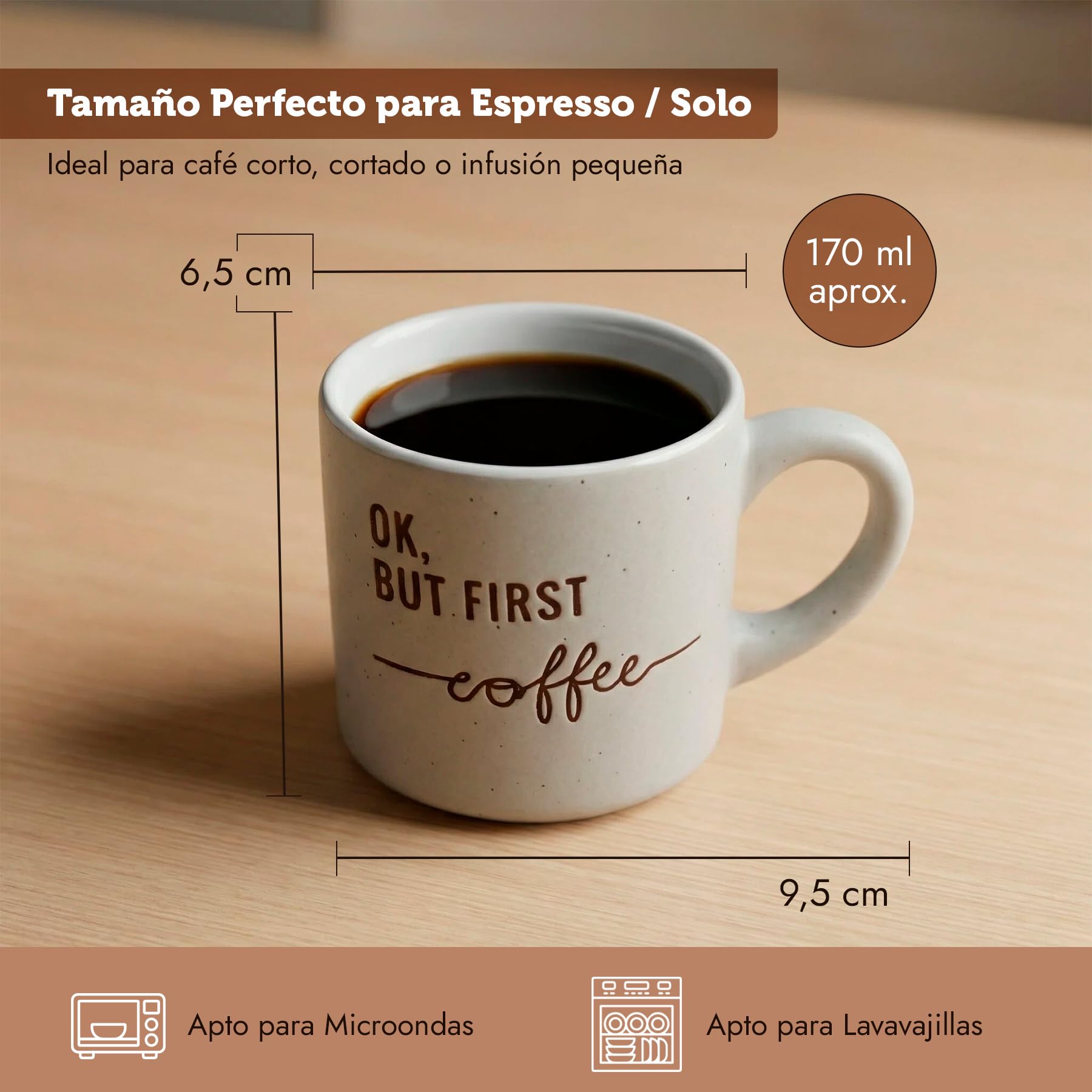Set de 6 Tazas de Café de Cerámica con Frases Divertidas – Tazas Apilables para Espresso, Café con Leche o Americano – Aptas para Microondas y Lavavajillas – Caja Regalo con 6 x (Lungo / Con Leche) - 4