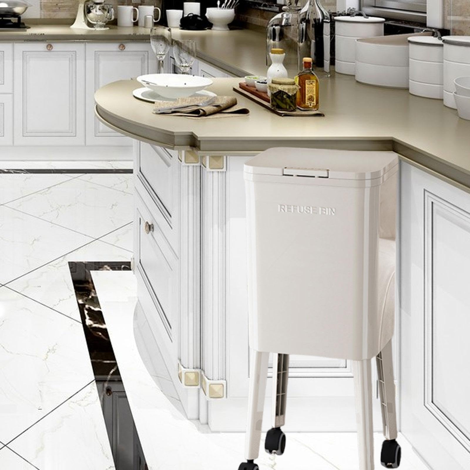 Qianly Basurero Alto de Cocina con Tapa de Presión, 68,5 cm Cubo de Basura Estrecho con Ruedas Giratorias Recipiente Interior Extraíble Y Patas Elevadas Adecuado para Espacios Pequeños, Blanco