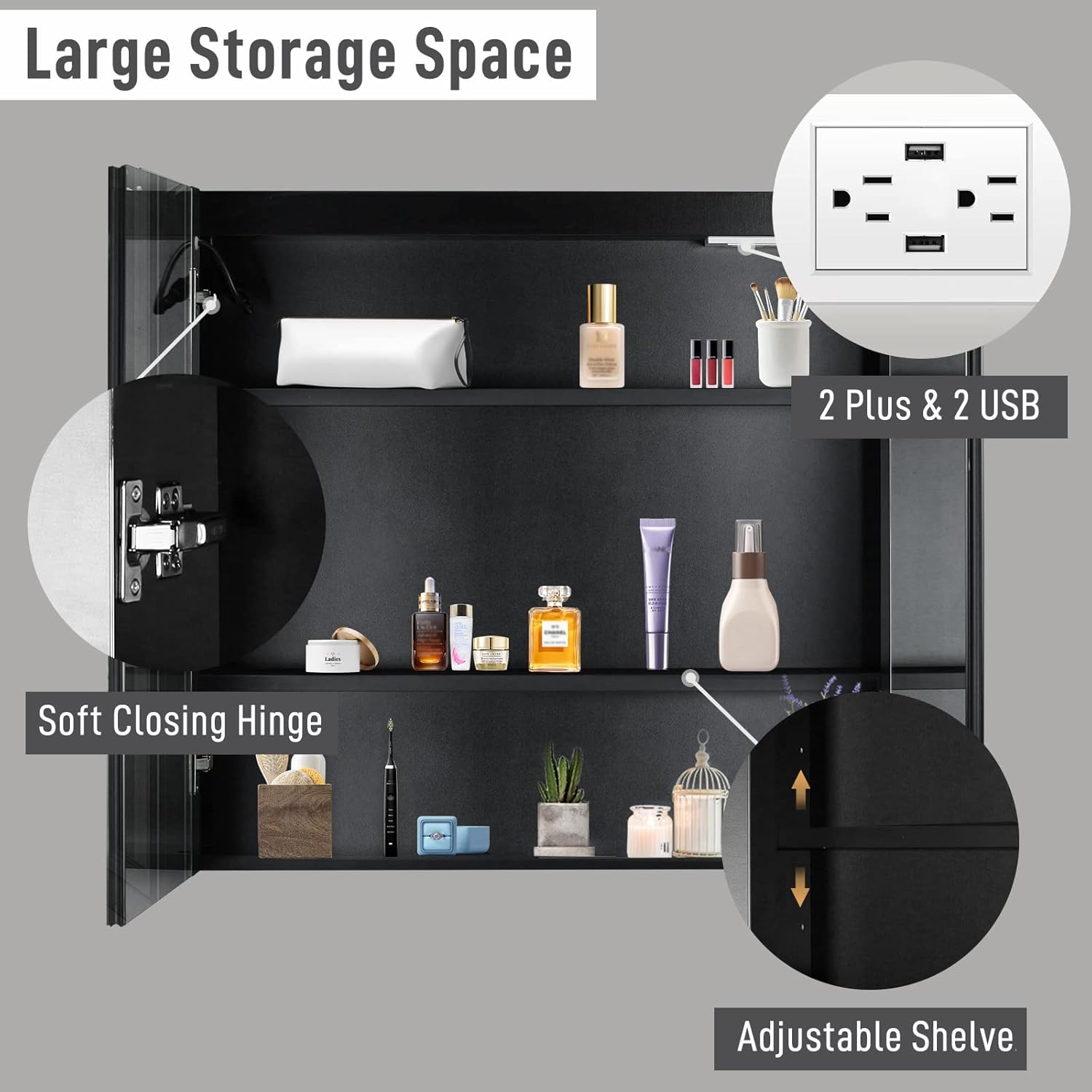 Double Door LED Mirror Bathroom Storage Cabinets,Wooden Bathroom Wall Medicine Cabinet,Rectangle Indoor Makeup Cabinet,Wall Mount Kitchen Cabinet,with Lights,for Living Room Hotel Laundry (Black)