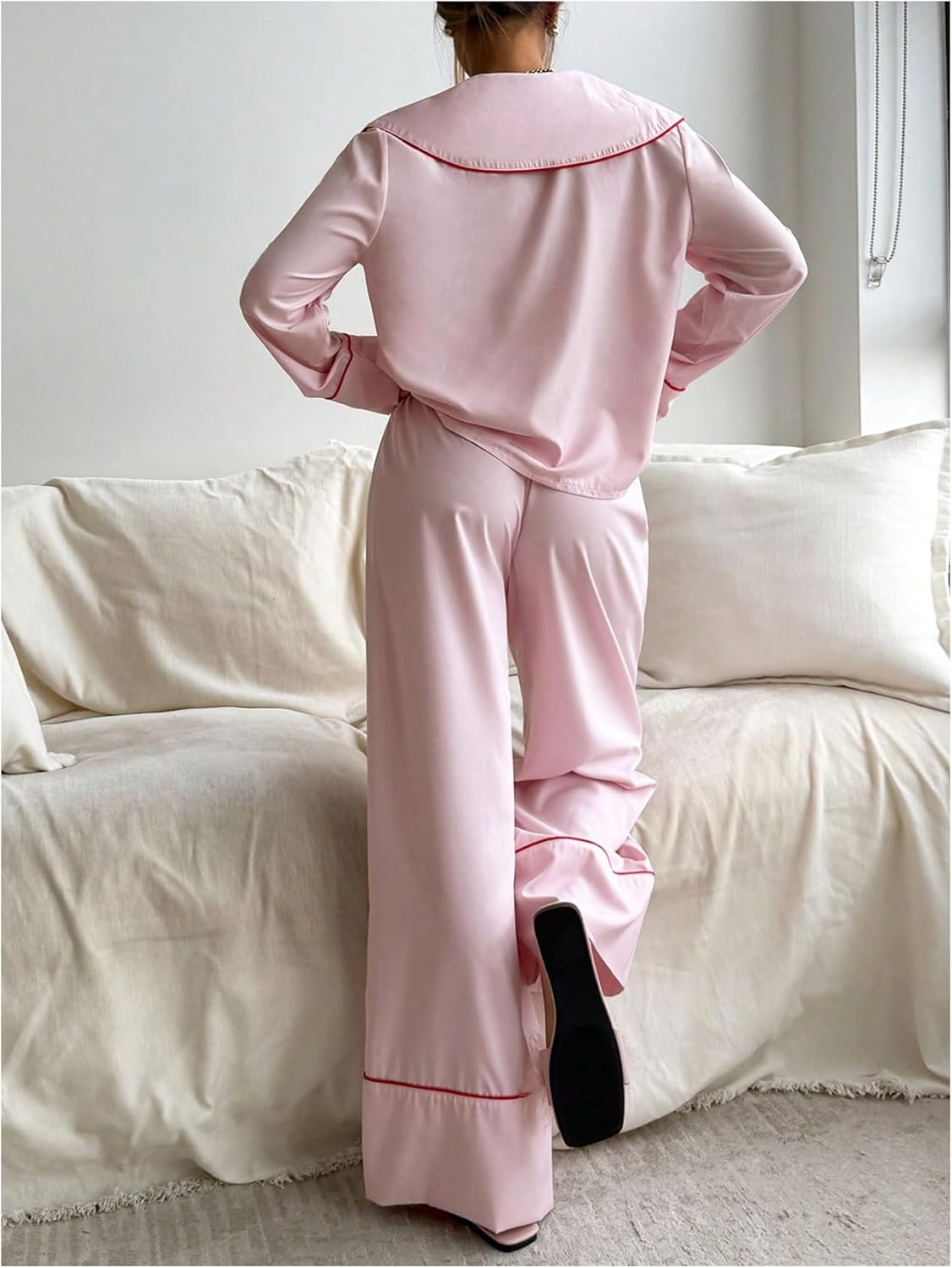 Milumia Women's 2 Piece Pajama Sets Bow Tie Front Long Sleeve Top and Pants Lounge Set Sleepwear - Image 3