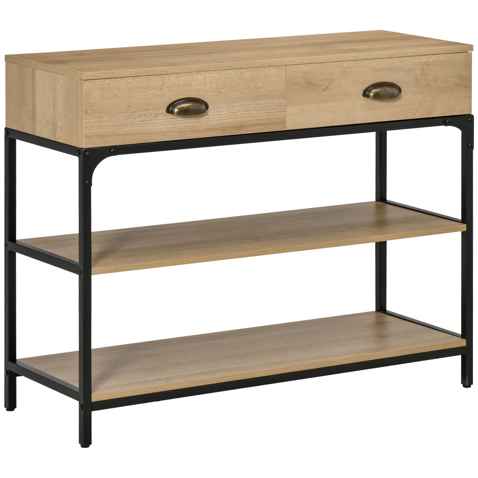 HOMCOM Tavolo Consolle Da Ingresso Con 2 Cassetti E 2 Ripiani – 100x35x79,2 Cm, Struttura In Acciaio, Piano In Melamina Rovere, Antiribaltamento