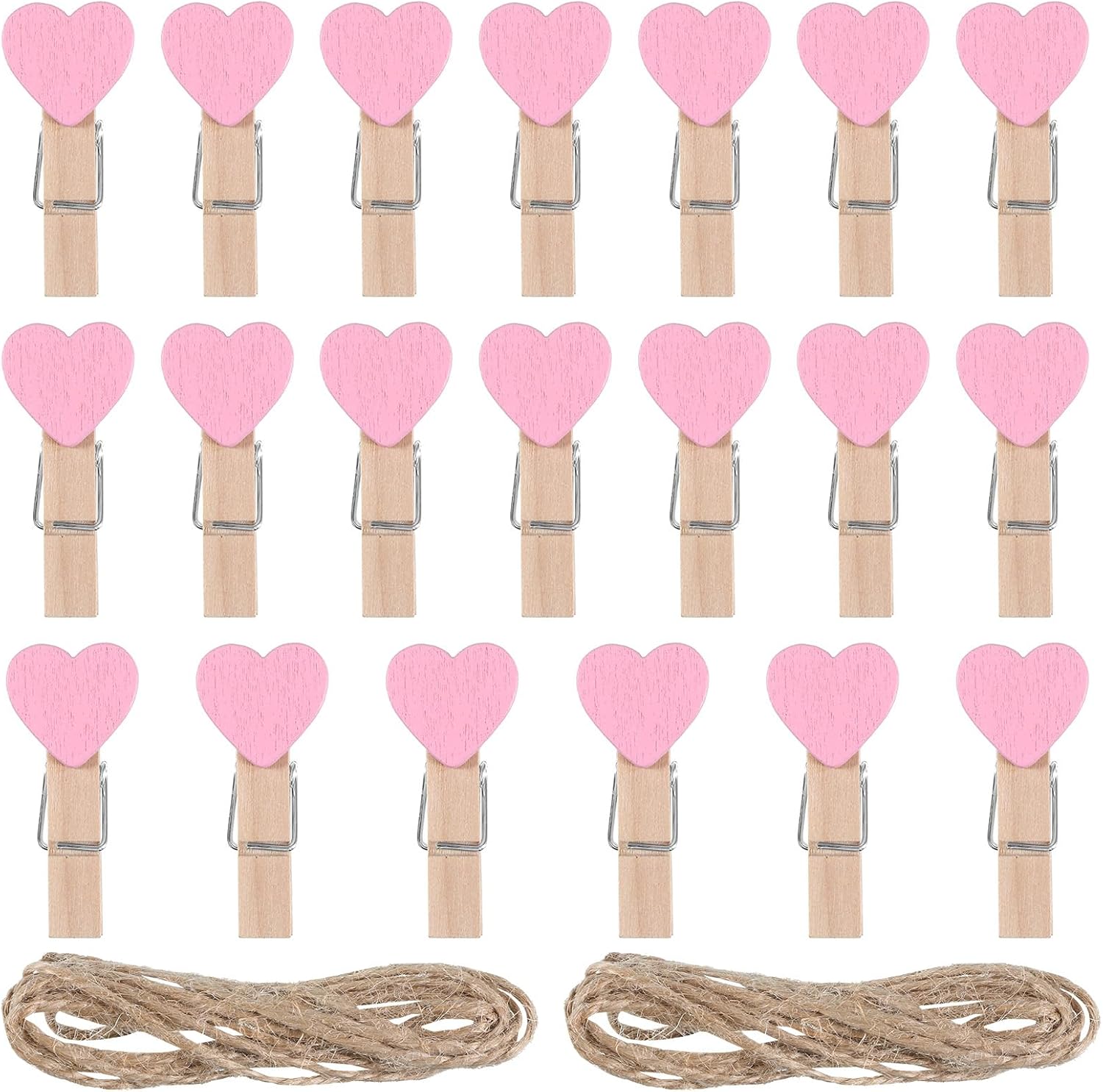 20 PCS Heart Wooden Clothespins, Pink Mini Clothespins Photo Clips Small Decorative Wood Peg Pin Craft Clips with Cord for Wedding Party Hanging Pictures Postcard Display