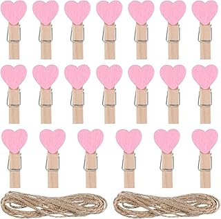 20 PCS Heart Wooden Clothespins, Pink Mini Clothespins Photo Clips Small Decorative Wood Peg Pin Craft Clips with Cord for Wedding Party Hanging Pictures Postcard Display