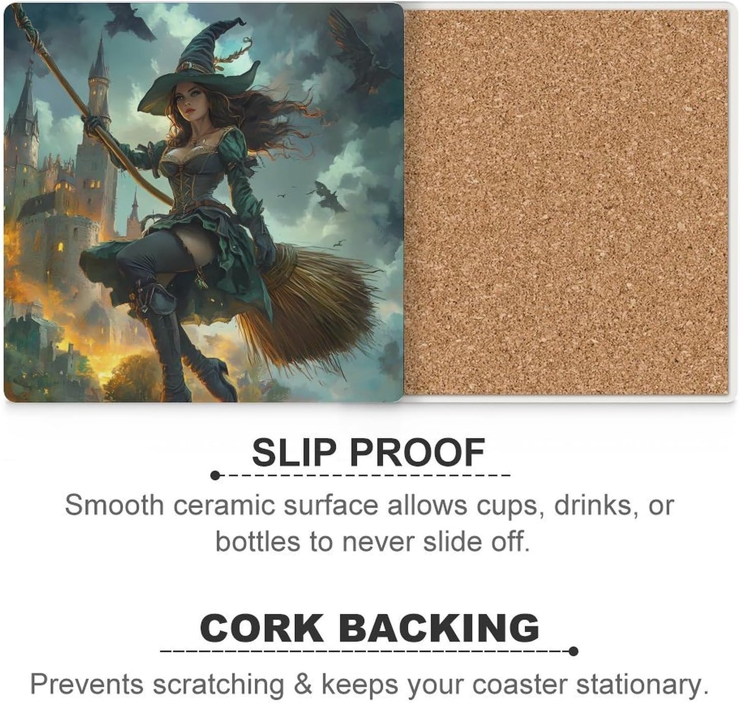 Witch Flying with A Broomstick Ceramic Coasters Set Square Drink Coasters Table Coaster for Kitchen Desktop Decor