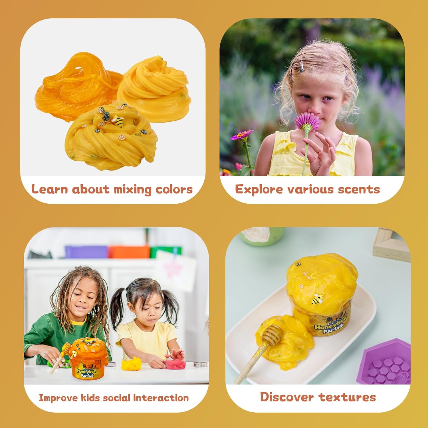 DIY Honey Slime, Handmade Jelly Textured Clay with Bee Charms, Honey Pot Theme Craft Toy, Soft Stretchy Sensory Slime for Kids & Adults, Birthday Gift & Party Favor