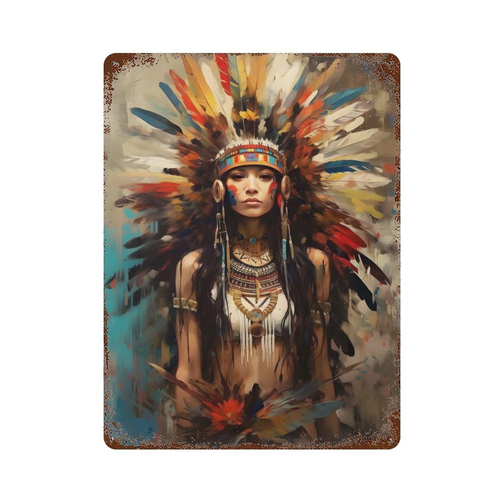 Painted Native American Rusty Metal Tin Sign 15.7"x11.8", for Shed, Workshop And Garage Wall Decor, Novelty Wall Decor