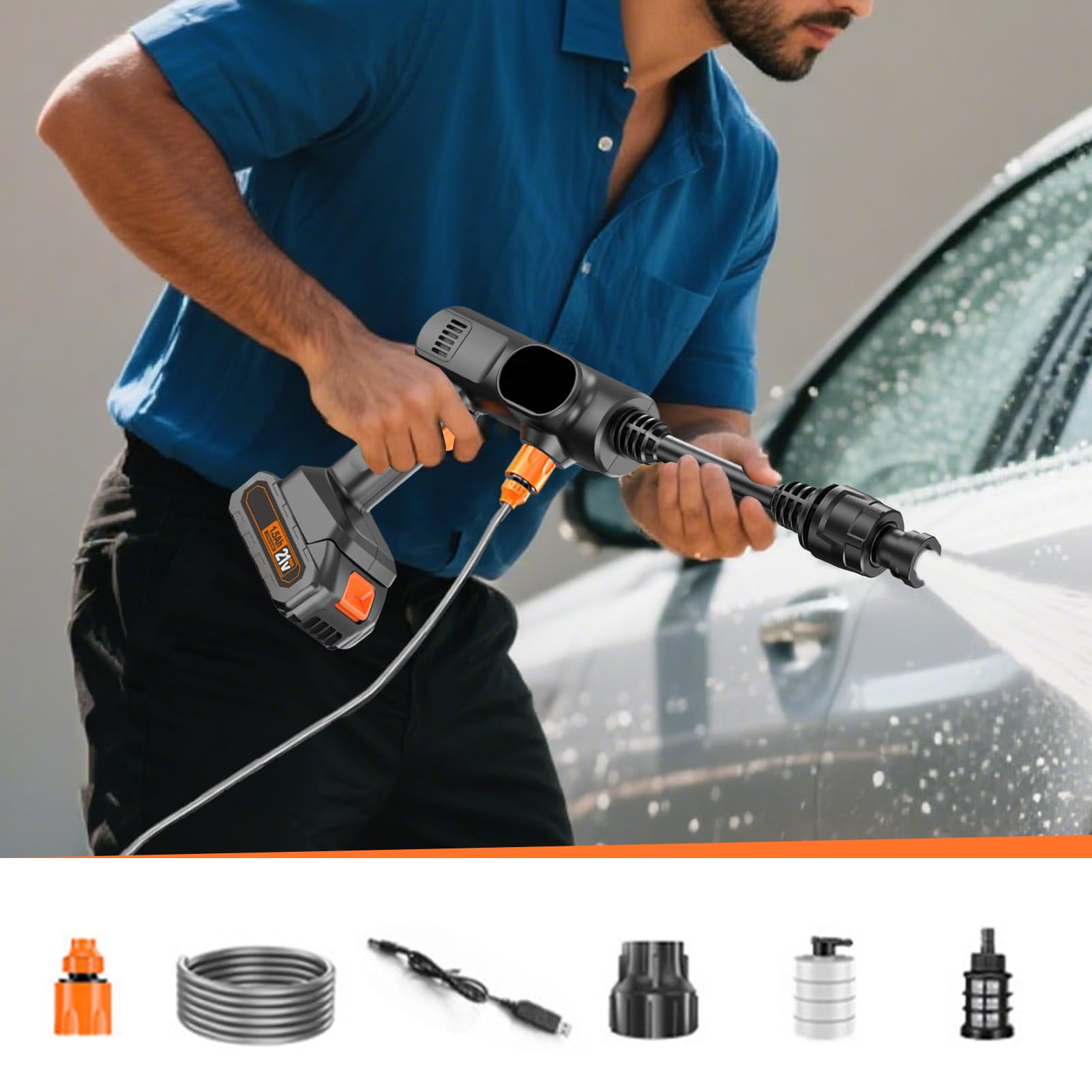 Hidrolimpiadora Sin Cable | Lanza De Alta Presión Sin Cable - Máquina de Mano Ajustable con 2 Modos para Coches Fachadas Suelos y Exteriores