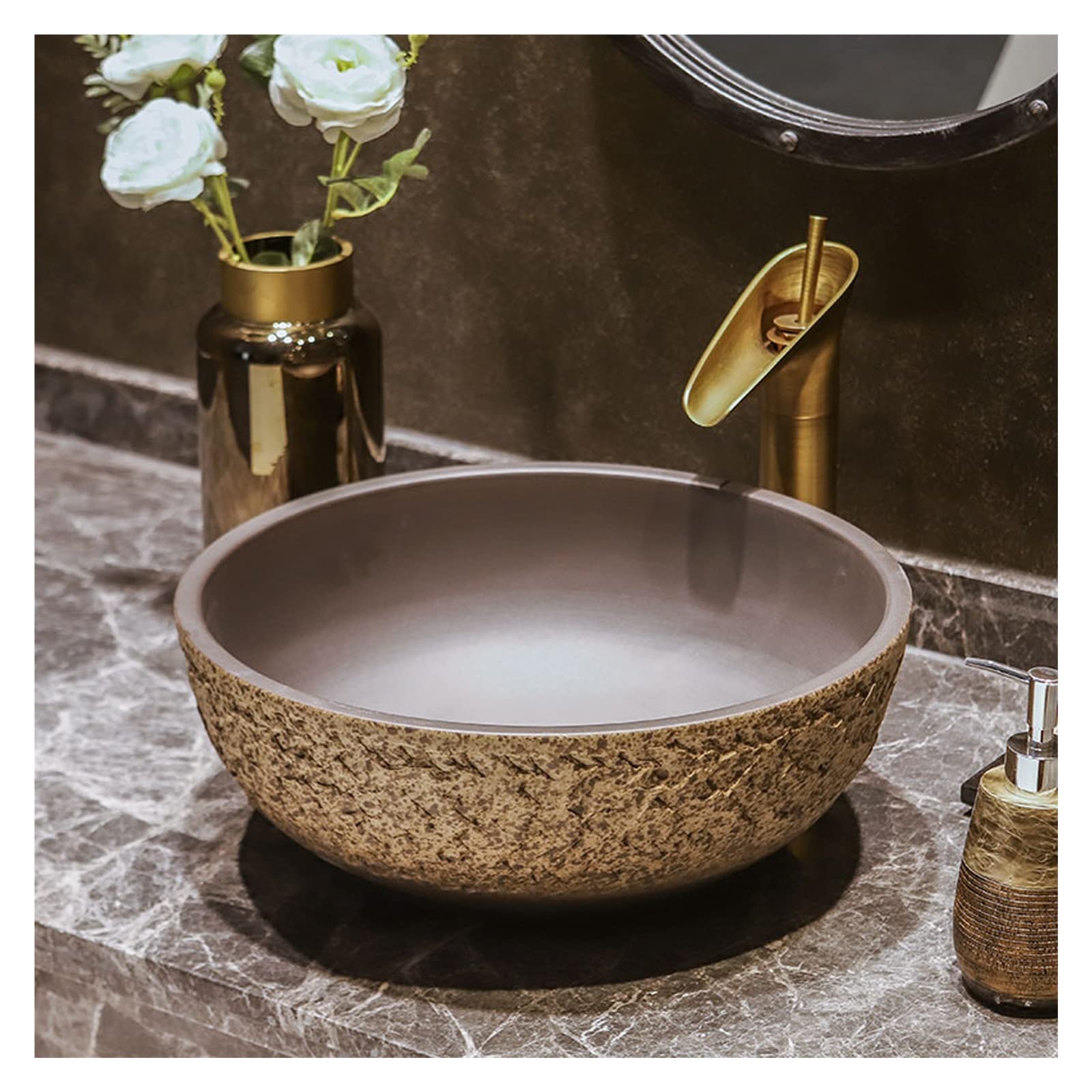 WOTZOV Vintage Round Vessel Sink,Above Counter Porcelain Ceramic Sink Bowl Art Basin,Marble Textured,
