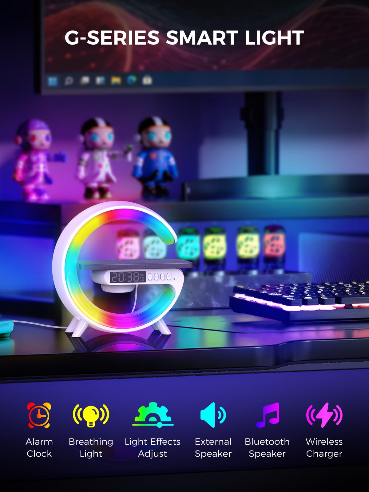 Smiling Shark Intelligente LED Sveglia Luce, Lampada Sveglia Atmosfera con Altoparlante Bluetooth Ricarica Senza Fili Controllo Bottone 10 Modalità D'illuminazione Wake Up Light per Casa Decorazione