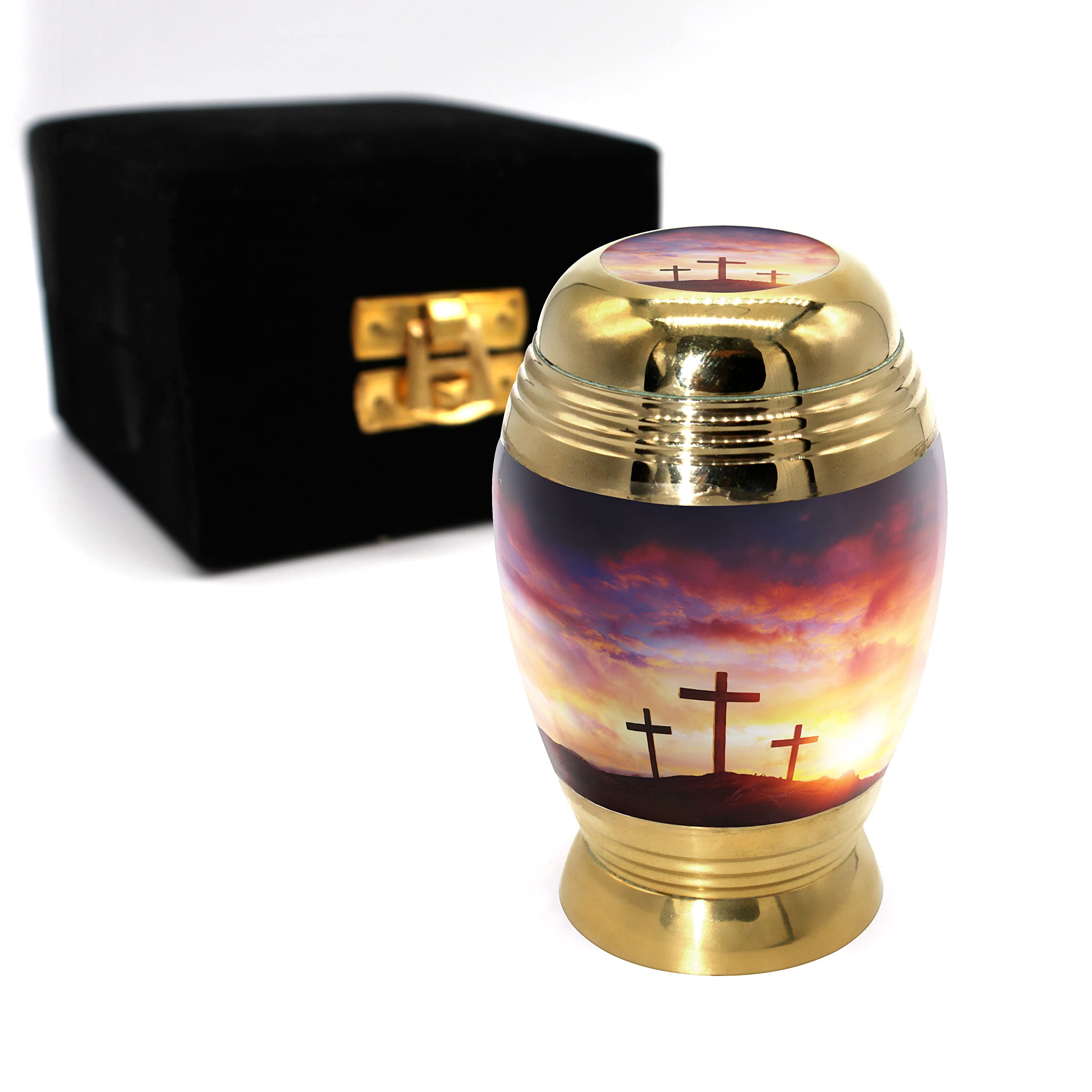 Sunset Cross Cremation Urns for Human Ashes Adult Female &amp; Male Urns | Small Keepsake Urn &amp; Cremation Urns For Ashes Adult Male &amp; Female, Cross Urn, Brass, Hand Engraved, Threaded Lid, Felt Bottom