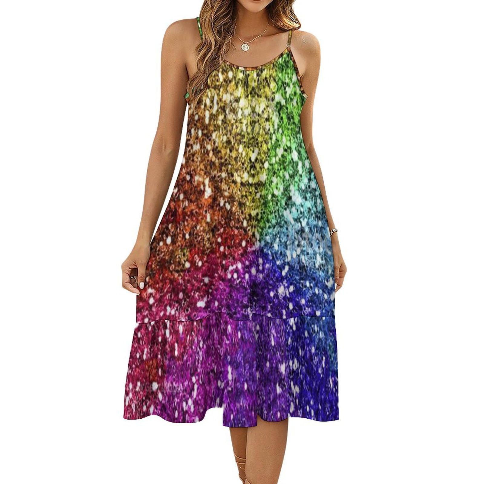 Rainbow Glitter Background Women's Maxi Dress Summer Casual Sleeveless Spaghetti Strap Sundress M