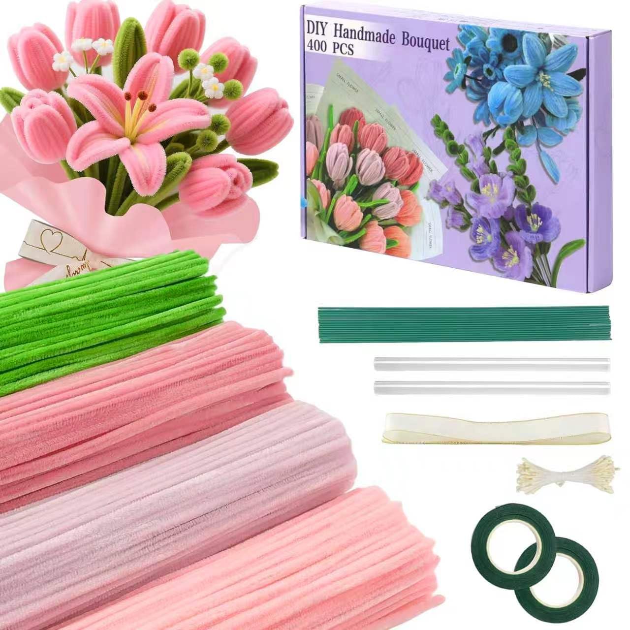 400 Pezzi Scovolini Colorati per Lavoretti, Pipe Cleaners for Flower Set Scovolini Ciniglia Colorati, Pipe Cleaner con Steli di Fiori, Nastro, Pistilli per Fai da Te Decorativi Artigianato
