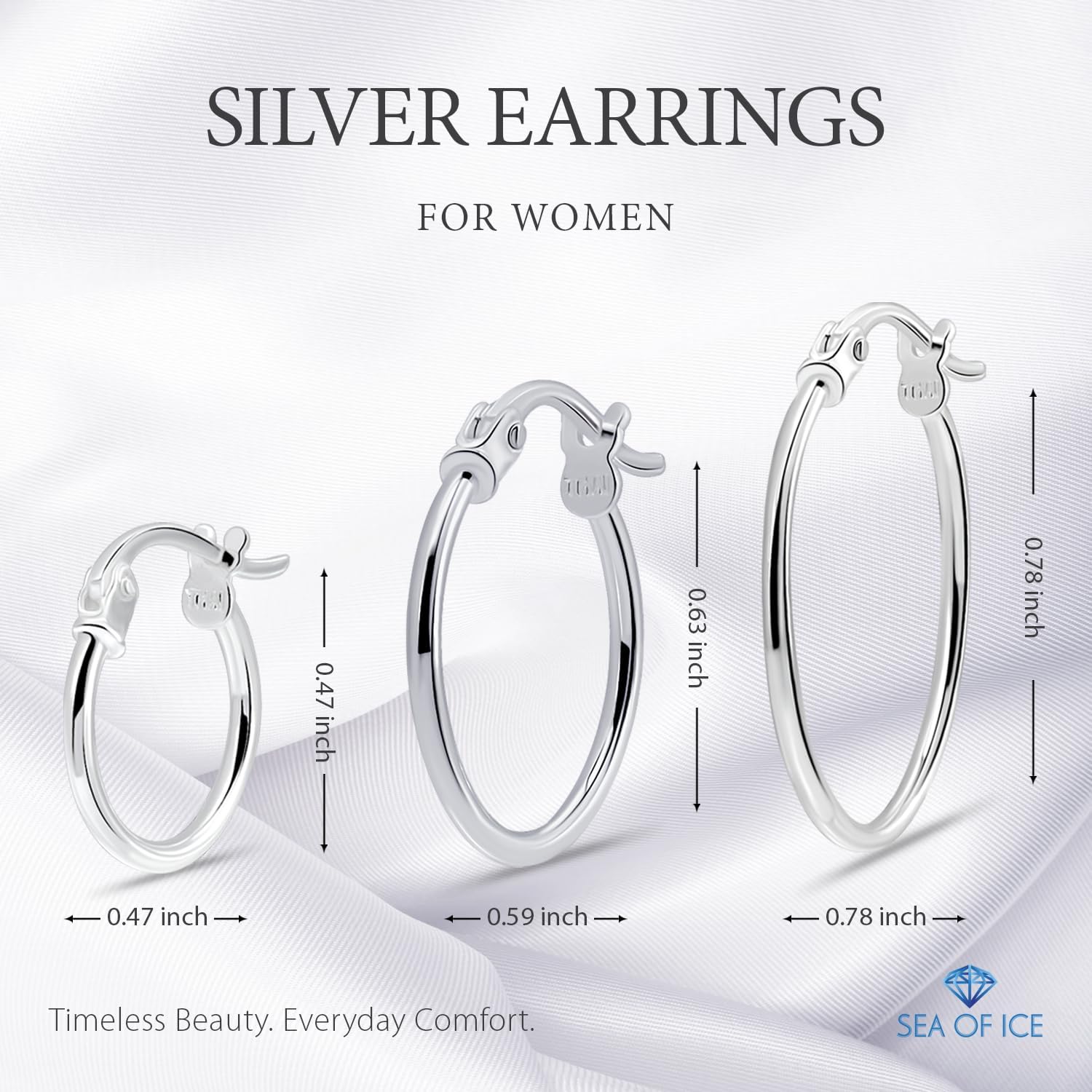 SEA OF ICE 925 Sterling Silver Hoop Earrings for Women - Hypoallergenic Earrings for Women in Sterling Silver, Yellow Gold, Rose Gold or Black Rhodium | Sizes 12MM, 15MM, 20MM or Multipack
