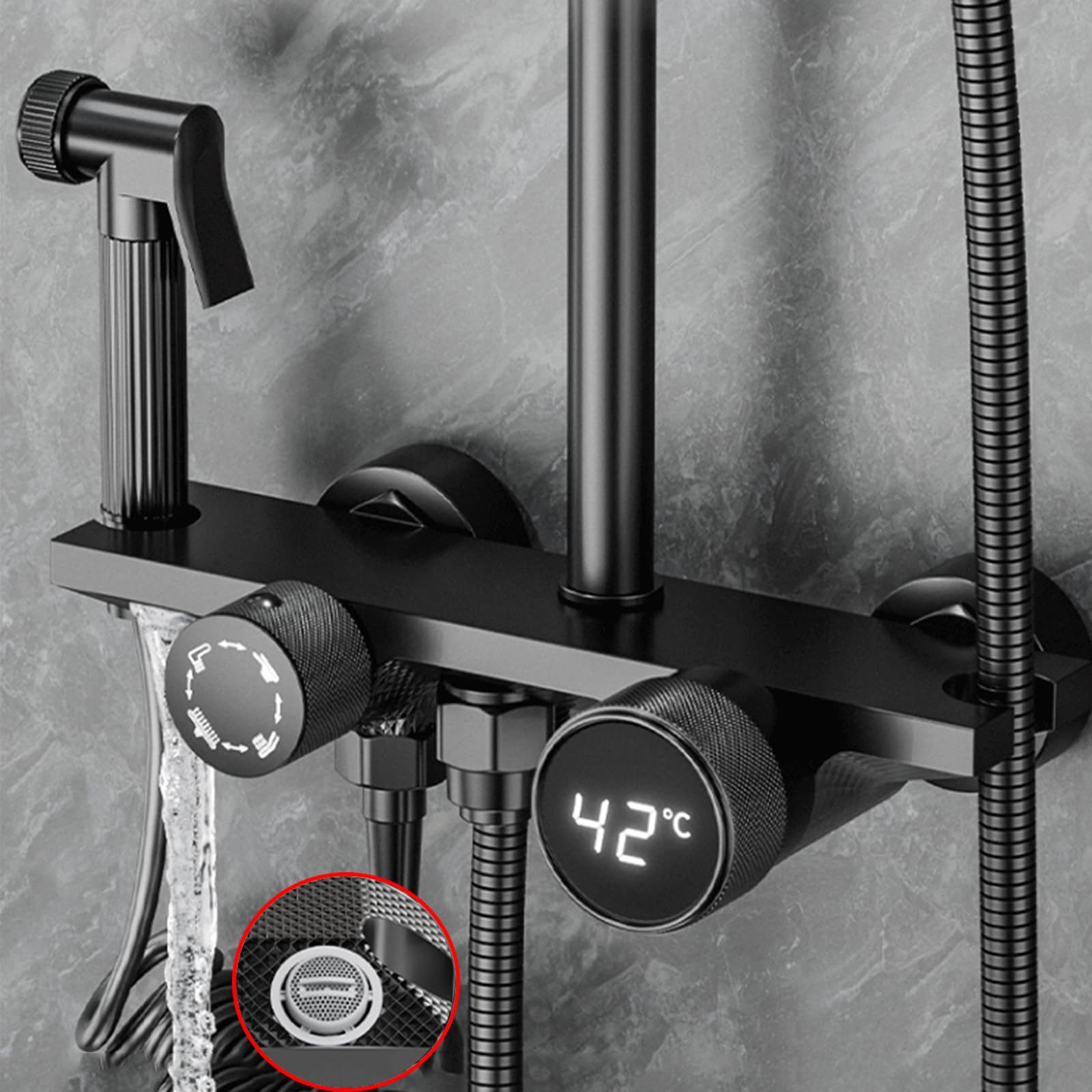 Sistema Doccia a Vista Nero, Set Rubinetto con Display Digitale, Set Combinato a 4 funzioni per Bagno, soffione a Pioggia, doccetta, doccetta per Bidet, beccuccio per Vasca