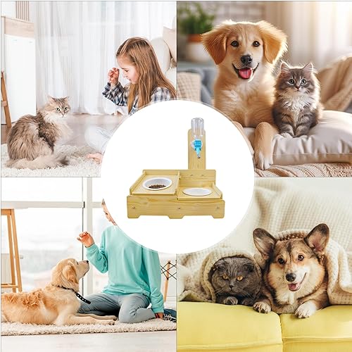 Miniatura 4 de Soporte de cuenco de agua para mascotas, dispensador ajustable de madera para perros y gatos con 2 cuencos de acero inoxidable  Estación de