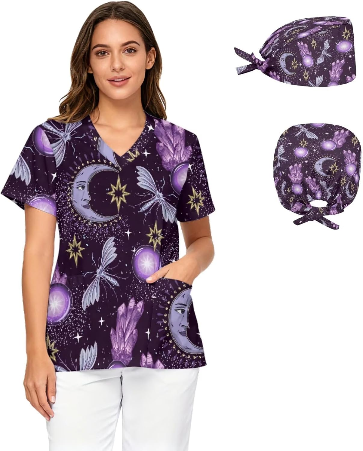 Women's Scrub Top&Nurse Cap 2-Piece Set,V-Neck Soft Stretch Medical Shirt with Pockets,Comfortable Nurse Uniform
