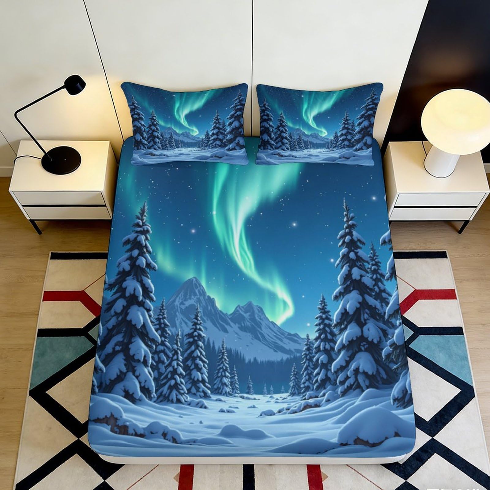 Pnayamiorkfel Style-9 3D Printed Northern Lights Fitted Sheet Microfiber Soft Snowy Forest Bed Cover For Bedroom Guest Room Decor 90X200x25cm