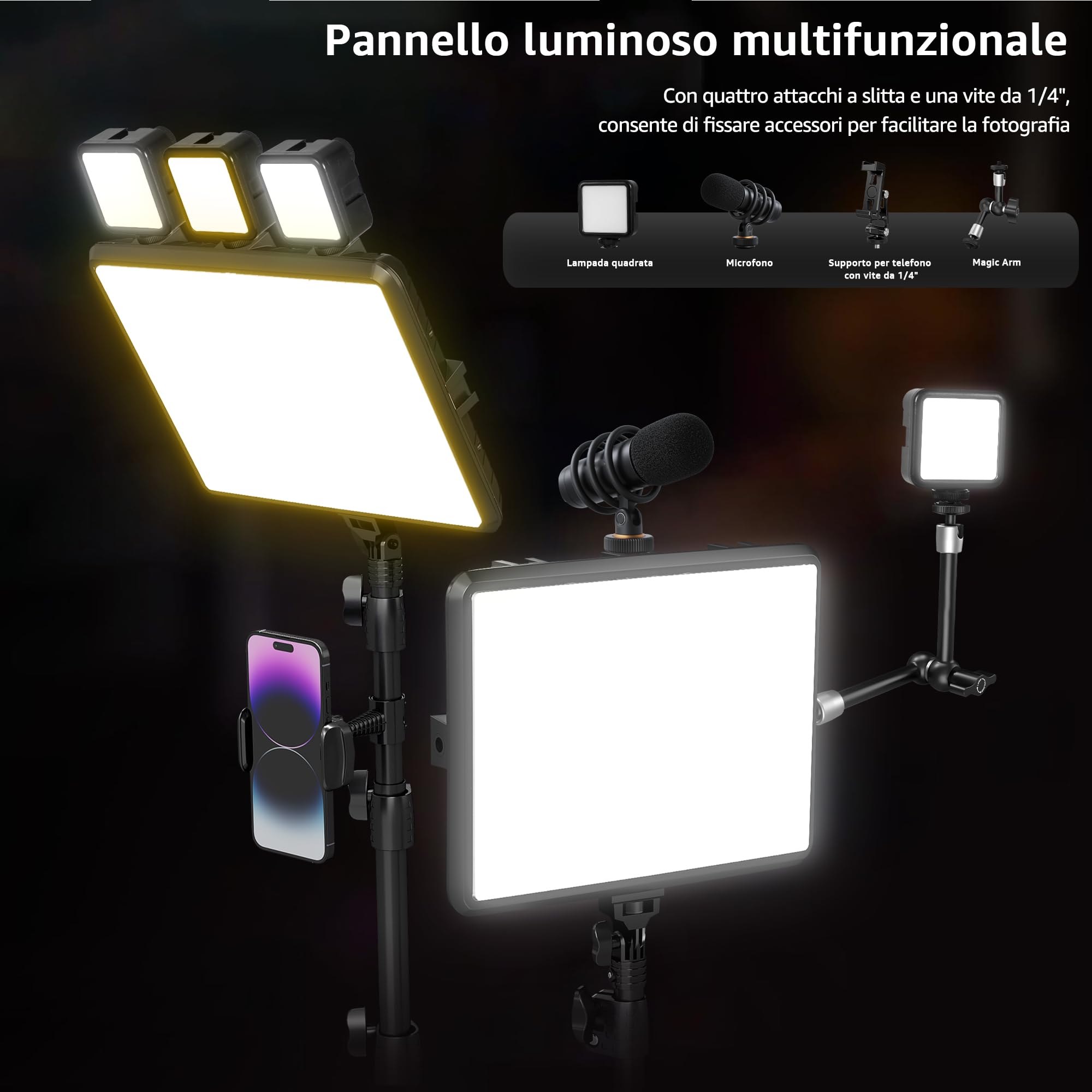 Kit di 2 Luci Video a LED, Luce da Studio Dimmerabile 2800-6500K Kit con Supporto per Treppiede e Supporto per Telefono, Luce Flusso da 185,4 cm per Fotografia Foto di Prodotti, Personaggi, Youtube
