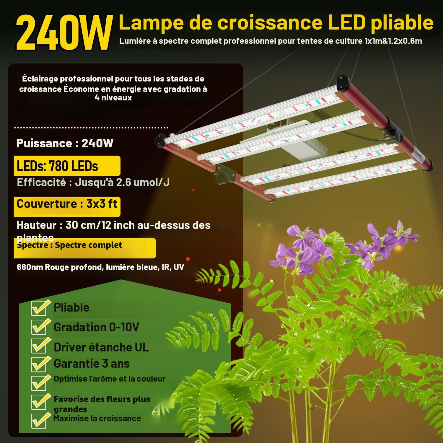 Daromigo Kit complet de tente de culture 100x100x200cm avec lampe de croissance LED à intensité variable, tente de culture, incluant un filtre à charbon actif de 4", un ventilateur silencieux et un