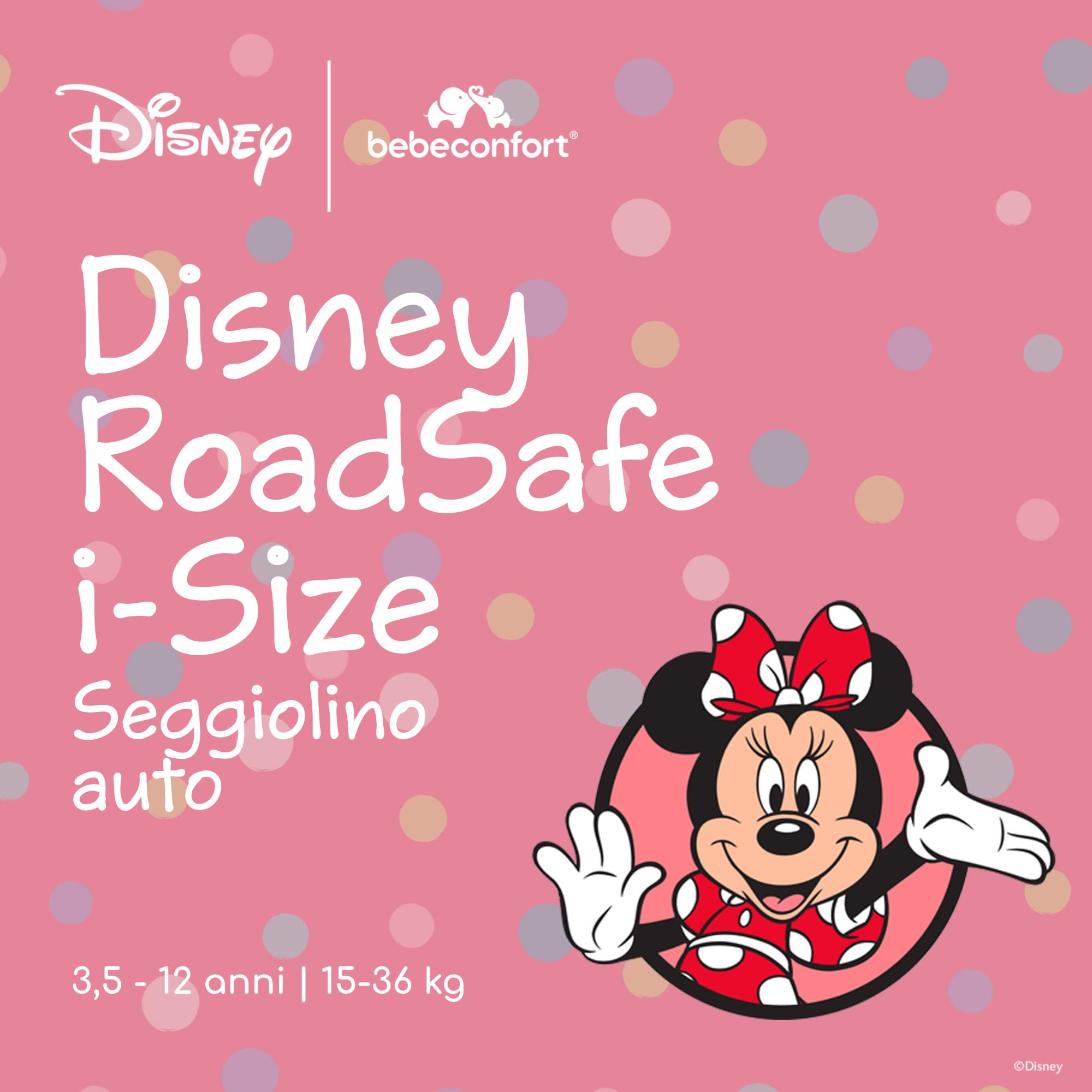 Bebeconfort Disney Road Safe i-Size Seggiolino Auto 15-36 kg per Bambini 3,5-12 anni 100-150 cm, Seggiolino Auto Pieghevole e Portatile da Viaggio, 14 Posizioni Poggiatesta, Minnie Autentica